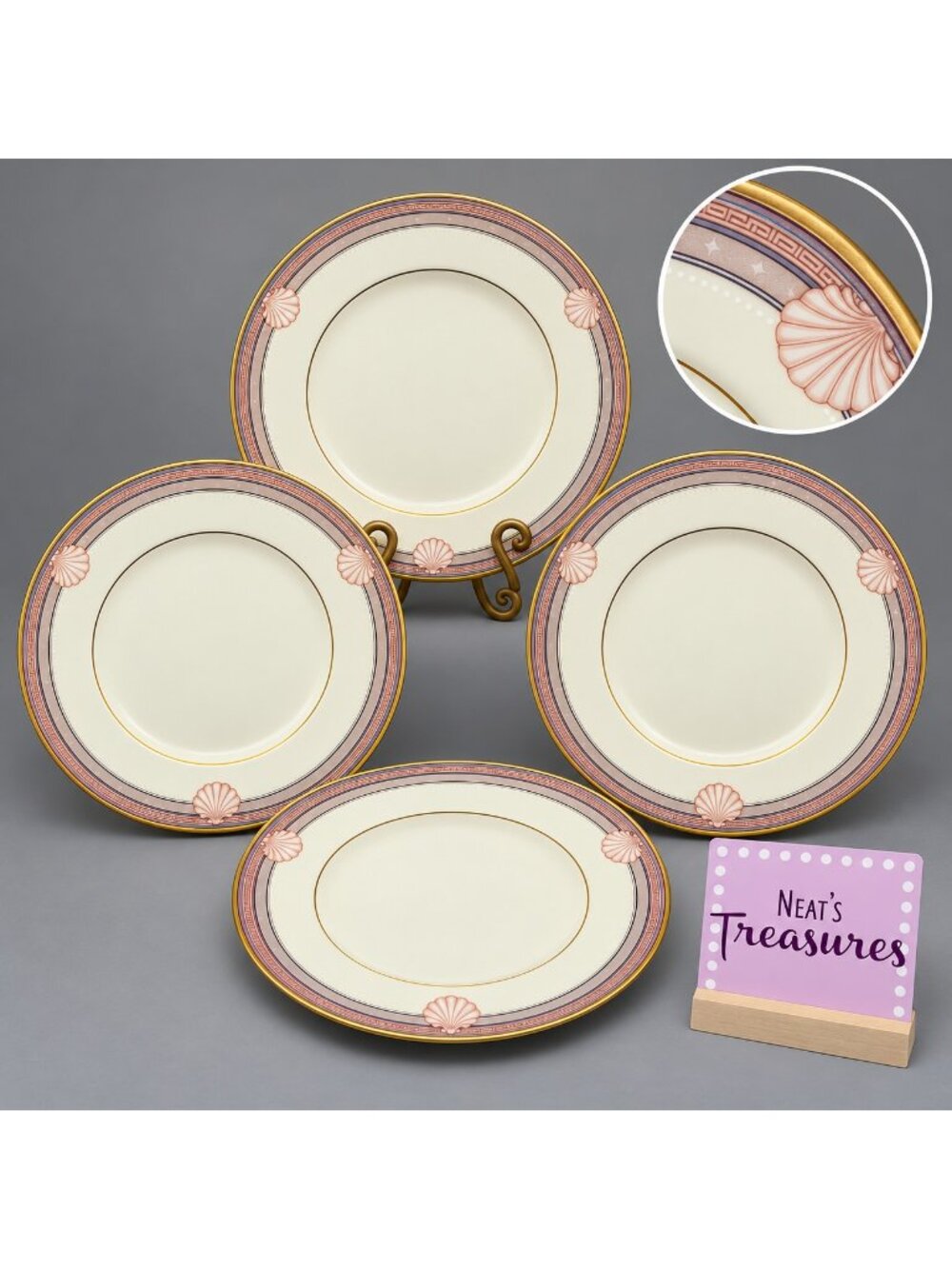 Noritake STANDFORD COURT 9748 Bone China Marble Bands Shell Dinner Plate Set 4